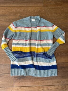 Caslon Striped Open-Front Cardigan in Light Blue, Yellow & Navy